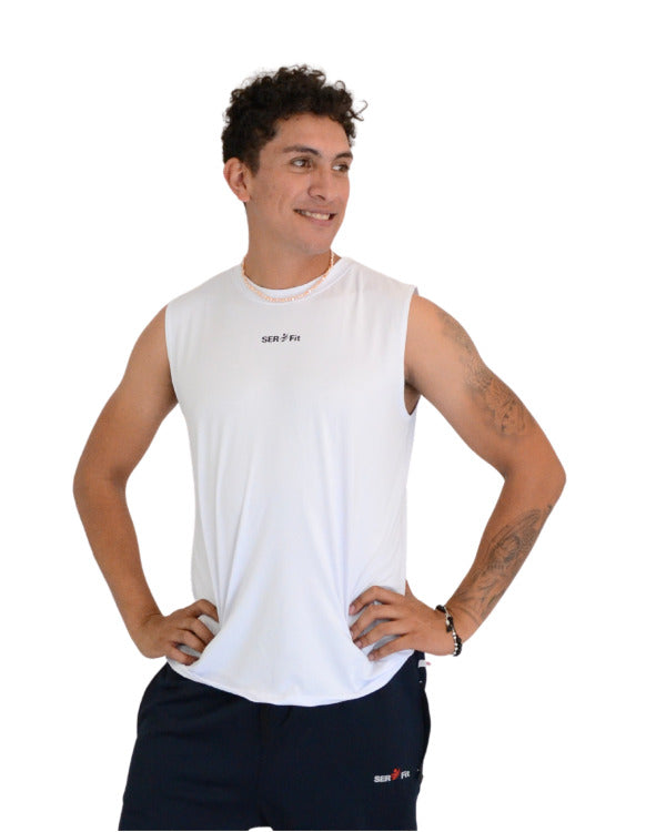 Playera deportiva sin mangas cuello redondo para hombre