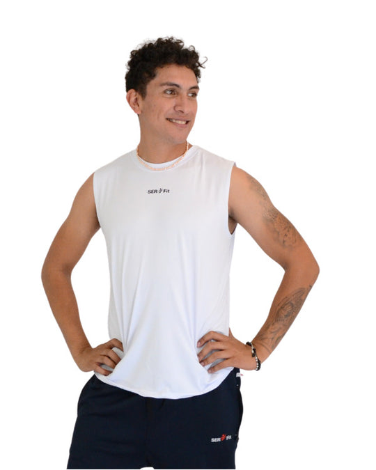 Playera deportiva sin mangas cuello redondo para hombre