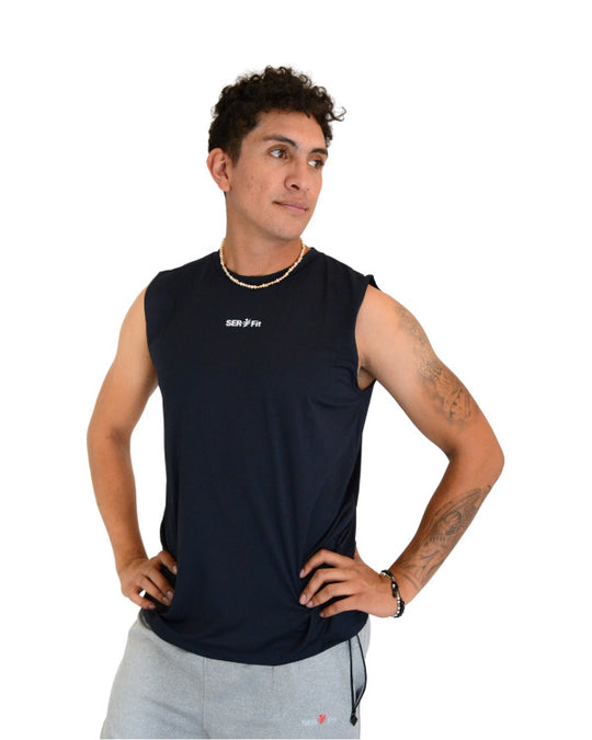 Playera deportiva sin mangas cuello redondo para hombre